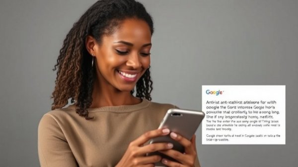 Woman reads Google antitrust settlement payout notice on her phone.