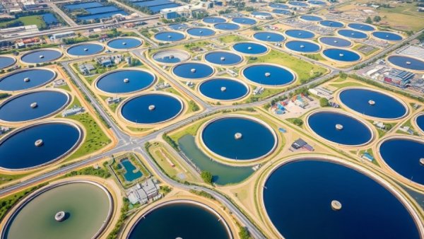 Aerial view of wastewater treatment plant showcasing infrastructure funding.