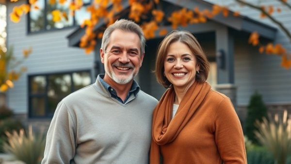 Smiling couple in front of modern home, Southlake community transformation