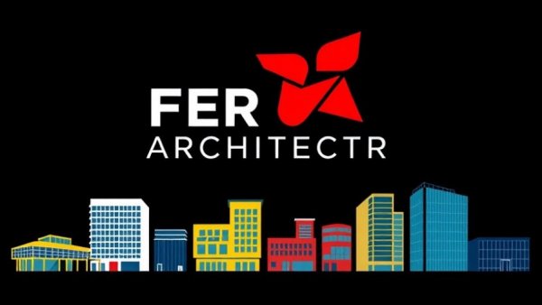 Fisher Architecture logo with colorful buildings, modern design