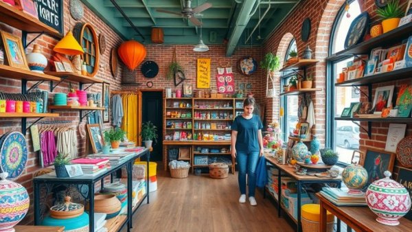 Eclectic DIY gift shop with vibrant decor and wooden interior.