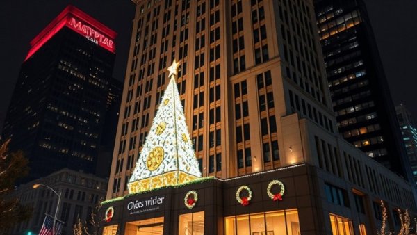 Christmas decorations outside a building in DFW with a large illuminated tree.