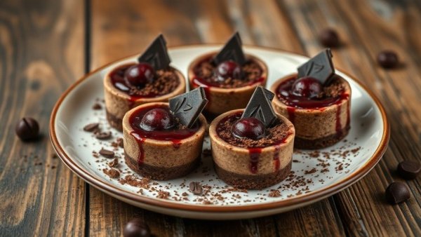Cherry chocolate vegan cheesecake minis with chocolate shavings on a wooden table.