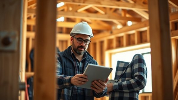 Digital transformation in construction: men using tablet on site.