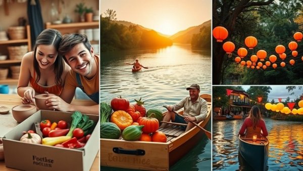 Collage of non-material gift ideas: pottery, cooking, canoeing, festival.