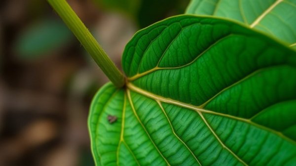 Close-up of a kratom leaf, highlighting veins.