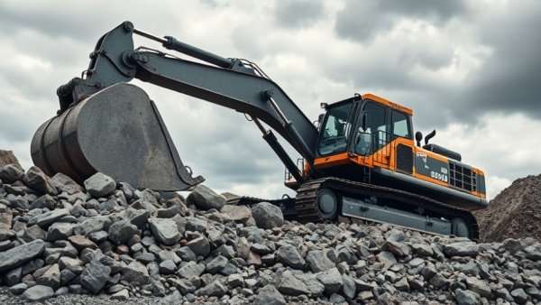 Powerful excavator moving rocks on a cloudy day, buy excavator in Alabama.