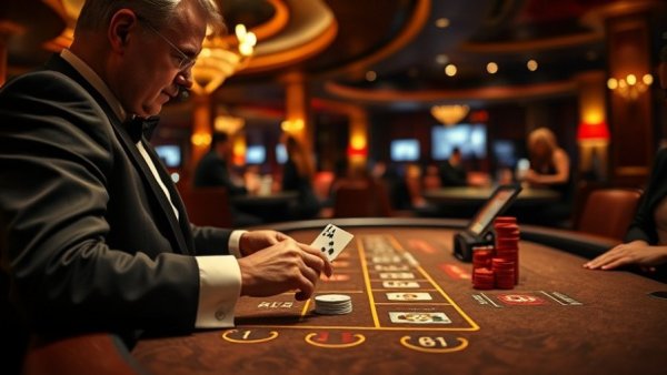 Dealer dealing cards at a blackjack table in a dimly lit casino.