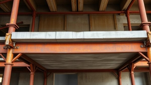 Construction site showing floor slab deflection problems with scaffolding.