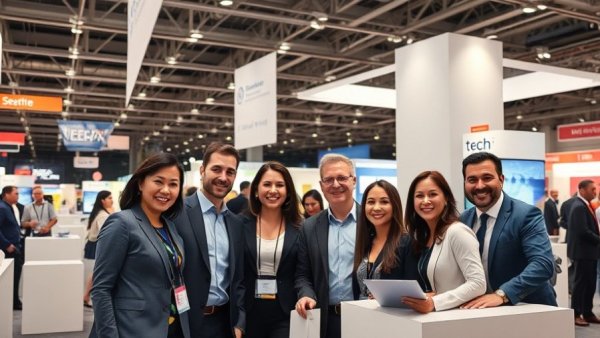 Group of professionals at AI in construction trade show booth.