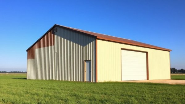 Modern cream and brown pole barn on green field under blue sky.