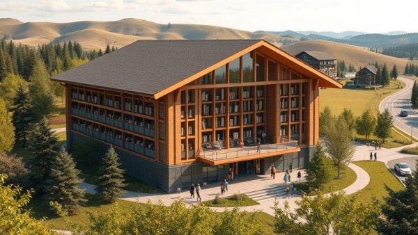 Woodland Community Library exterior with scenic backdrop and visitors