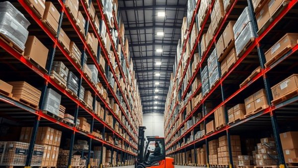 Warehouse interior with tall shelves and a forklift operating in Minneapolis.