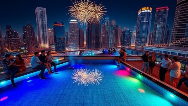 New Year's Eve celebrations DFW rooftop with city skyline.