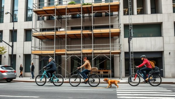 NYC street with modern scaffolding, cyclists, and pedestrians.