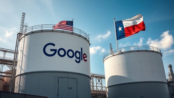 Data center expansion with Google logo and flags highlights environmental concerns.