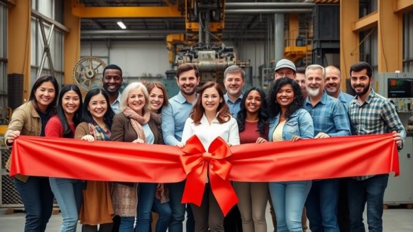 Herc Rentals event with ribbon cutting, diverse group on stage.