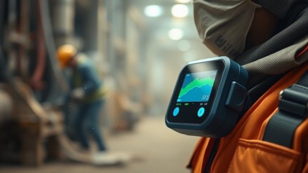 Modern wearable dust monitor in industrial setting with dust particles.