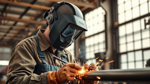 Worker welding metal pipes to prevent on-the-job lead exposure.