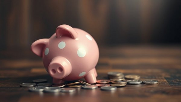 Piggy bank tipped with coins; symbolizes Texas economic challenges.