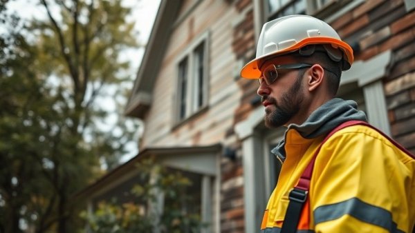Protective gear-clad worker assessing occupational health risks in aging homes.
