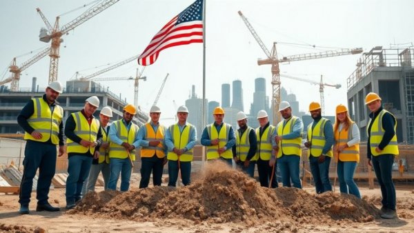 Groundbreaking ceremony at military construction site with American flag.