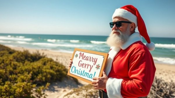 Festive beach Santa with sunglasses holding sign, ocean backdrop.