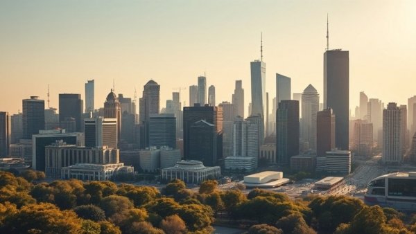 Urban skyline at golden hour representing power infrastructure growth.
