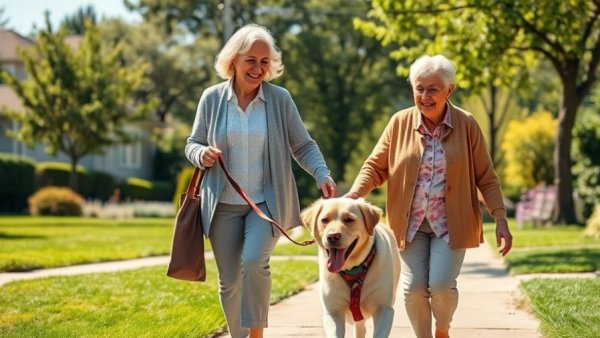 Elderly woman walking dog highlighting impact of walking frequency on health.