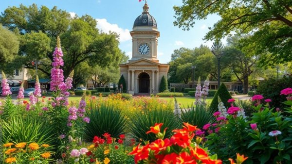Rich greenery surrounding a monument in a small Texas town.