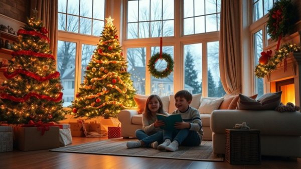 Cozy living room with kids enjoying the best Christmas movies.