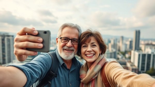 Smiling mature couple selfie with city view; respect in the workplace theme.