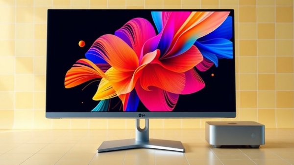 Best monitors for Mac Mini: LG UltraFine and Mac Mini setup on yellow checkerboard background.