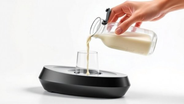 Portable Bottle Warmer for Parents pouring milk, modern design, photorealistic.