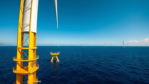 Yellow offshore wind turbine structure under clear sky, halt offshore wind projects.