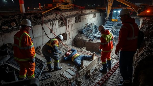 Emergency rescue operation for trench collapse at night, construction site
