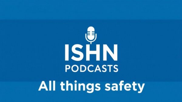 Construction safety reporting podcast promotional graphic with ISHN logo.