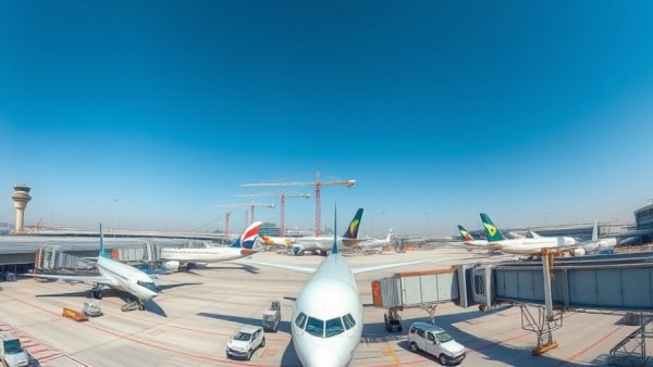 Damascus airport construction with visible airplanes and cranes.