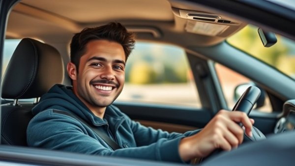 Confident person in vehicle practicing safe driving. Free traffic safety training.