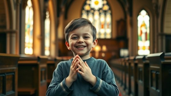Smiling boy inside church with warm lighting, Fort Worth historic church sale.