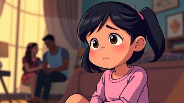 Grieving young girl sitting sadly, parents' silhouettes in background.