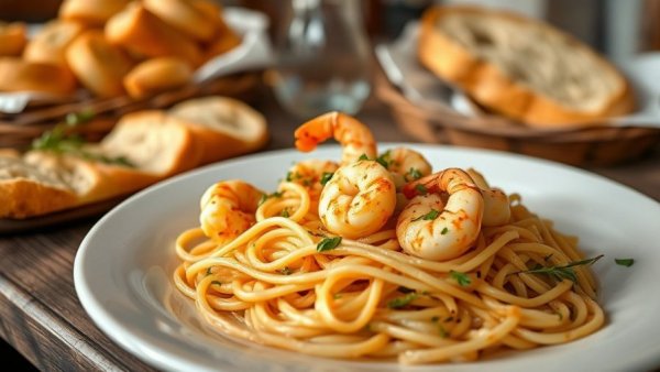 Italian pasta with shrimp and focaccia at an Italian restaurant in Fort Worth.