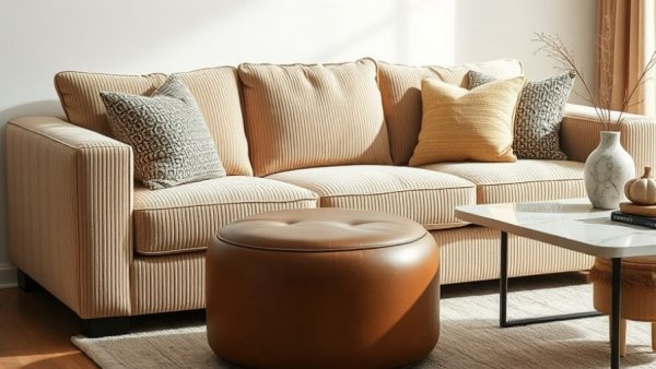 Contemporary living room design trends with sofa, stool, and marbled table.