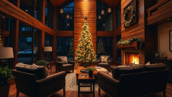 Cozy architecture in a warmly decorated living room with Christmas tree.