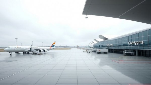 Modern airport terminal with clear skies and empty tarmac.