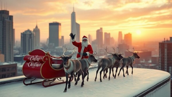 Santa and reindeer on snowy rooftop at sunrise for commercial roofing safety inspections