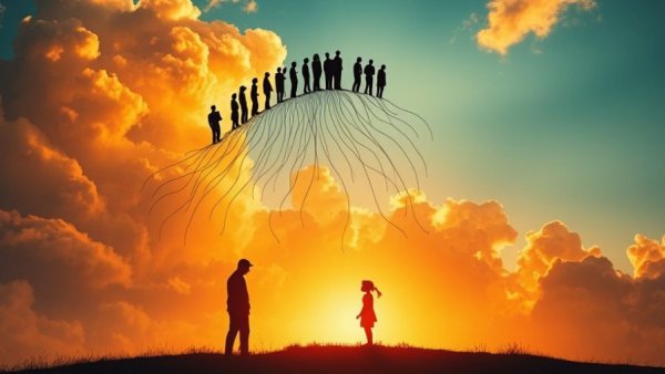 Artistic depiction of breaking generational cycles with silhouettes and spirals.