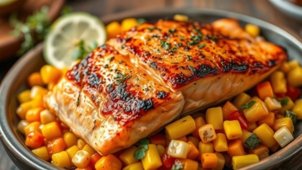 Wood-fired American cuisine: grilled salmon on corn salad.