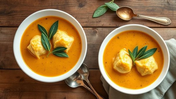 Turmeric chicken soup with sage and horseradish dumplings in bowls.