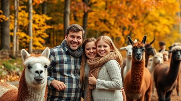 Family holiday reflections in autumn forest with alpacas.